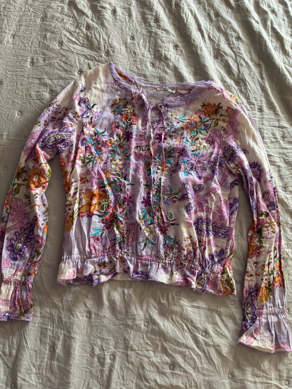 Free People Purple Floral Tie-Front Long Sleeve Top